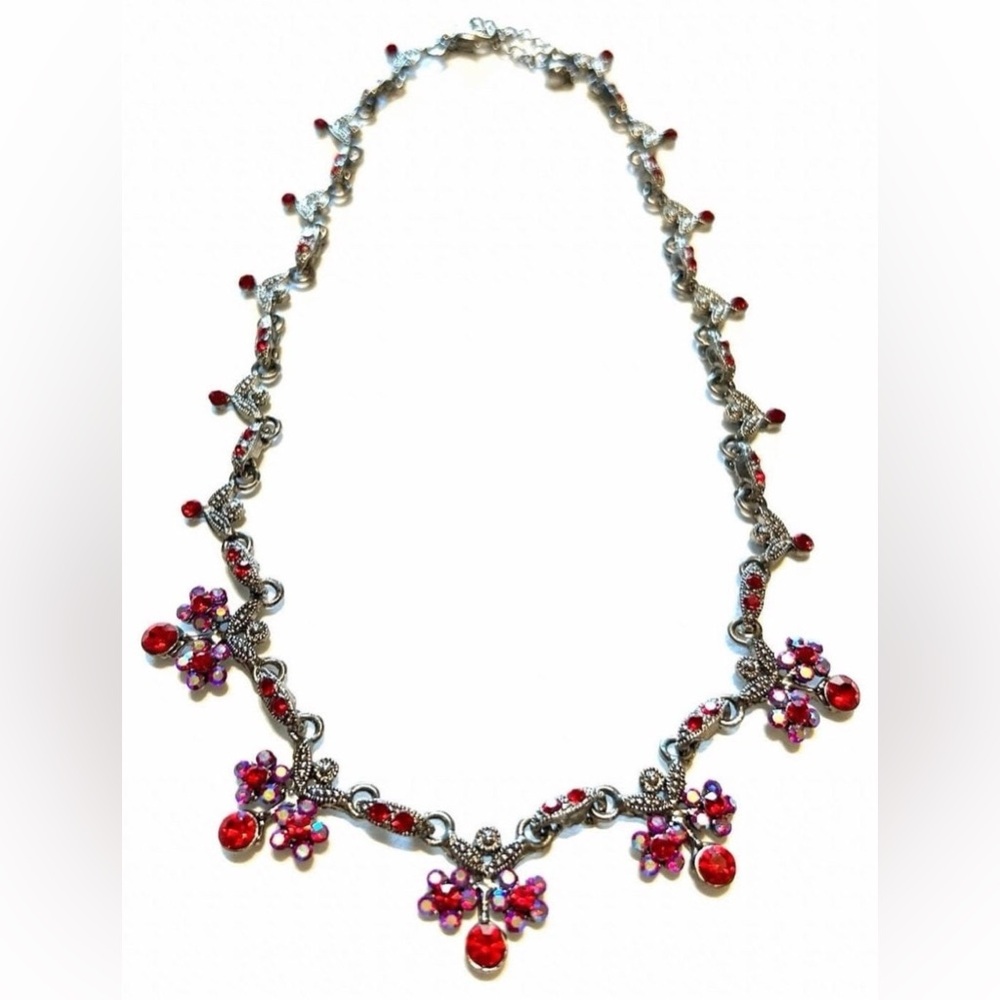 Cookie Lee Crystal Necklace Silvertone necklace red crystal necklace